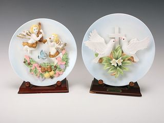TWO DECORATIVE PLATES CHERUBS & DOVES W/STANDS