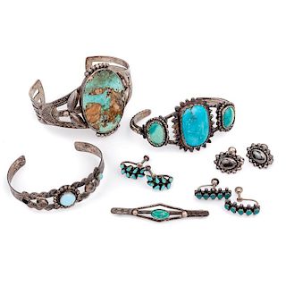 Navajo Fred Harvey-Style Silver and Turquoise Bracelets, Earrings, and Pin