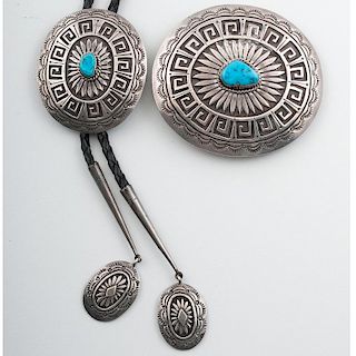 Vincent Chee Navajo Turquoise Bolo And Buckle Set