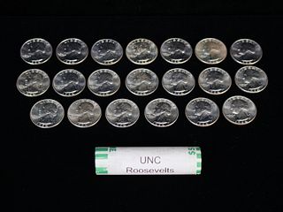 ROLL UNCIRCULATED 1960 ROOSEVELT DIMES AND 20 1964 WASHINGTON QUARTERS MOSTLY D COINS