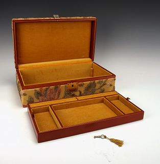 VINTAGE ITALIAN LEATHER & CHENILLE JEWELRY BOX WITH KEY
