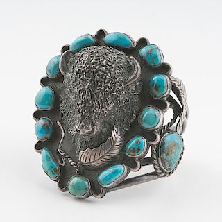 Navajo Silver and Turquoise Cuff with Cast Buffalo Head