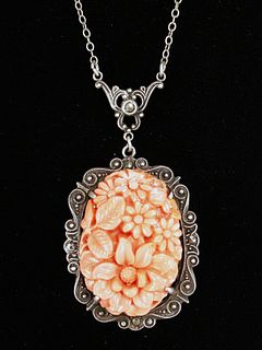 CARVED CORAL & STERLING PENDANT NECKLACE