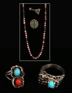 STERLING BRUTALIST TURQUOISE RING, NATIVE AM TURQUOISE & CORAL RING & COSTUME LOT 