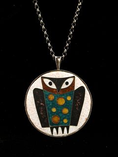 1950S STERLING A.G. BUNGE ENAMELED OWL PENDANT ON CHAIN
