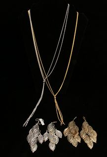 VINCENZA STERLING LARIAT NECKLACES & 2 PAIR LEAF EARRINGS