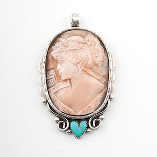 Navajo Silver Set Cameo with Turquoise Heart