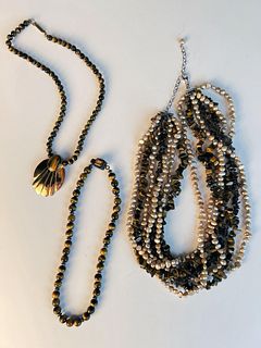 THREE STERLING & TIGER EYE & PEARL NECKLACES 
