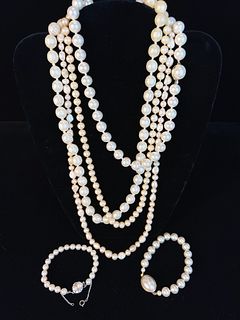 LARGE LOT STERLING AND FAUX PEARL NECKLACES & BRACELETS 