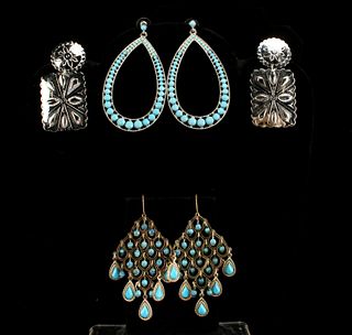 3 PAIR SOUTHWEST SILVER & TURQUOISE COSTUME EARRINGS