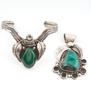 Navajo Silver and Malachite Bracelet and Pendant