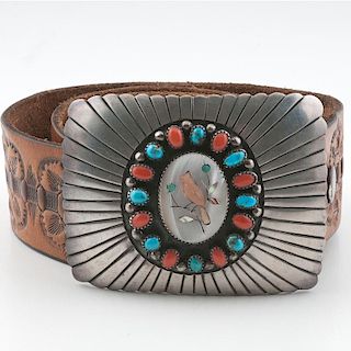 Zuni Inlaid Buckle with Turquoise and Coral for Western Bird Watchers