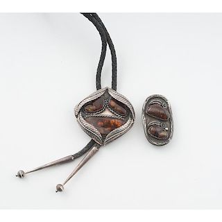 Southwestern Style Silver and Brown Glass Opal Bolo