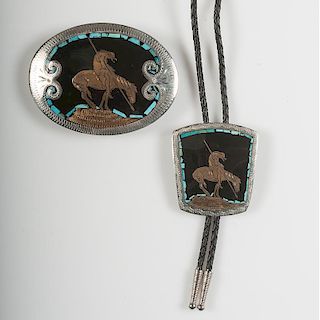 Southwestern Style White Metal, Turquoise, and Enamel Bolo Set with End of Trail Motif