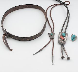 Navajo Bolo Ties, Ring, Hat Band, and Indian Head Nickel Buttons