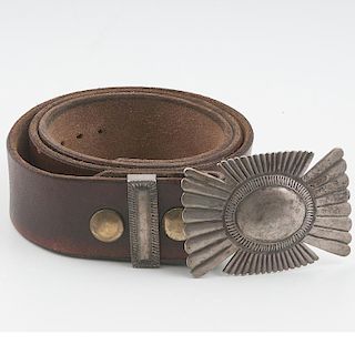 Navajo Silver Buckle with Keeper and Leather Belt