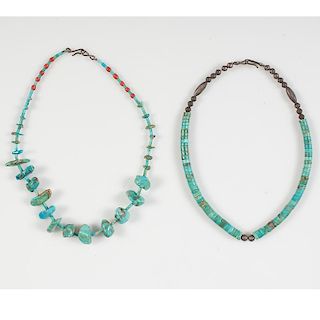 Navajo Turquoise Nugget Necklace and Rolled Turquoise Necklace