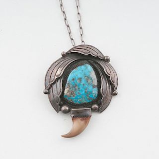 Navajo Silver Pendant with Turquoise and Claw