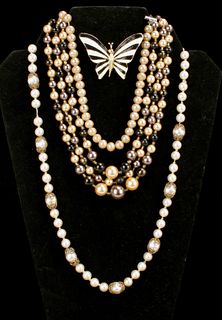 FAUX PEARLS, GOLD BEADS & BUTTERFLY COSTUME JEWELRY
