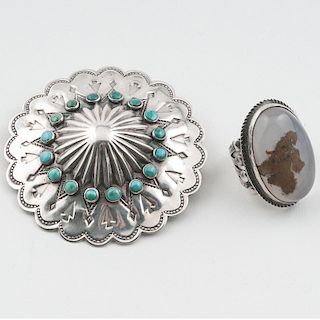 Navajo Silver and Turquoise Pin and Ring with Fred Harvey Stamps