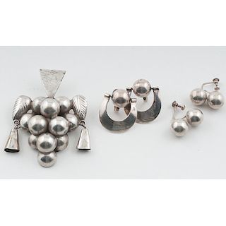 Mexican Silver Cluster of Grapes and "Go-With" Earrings