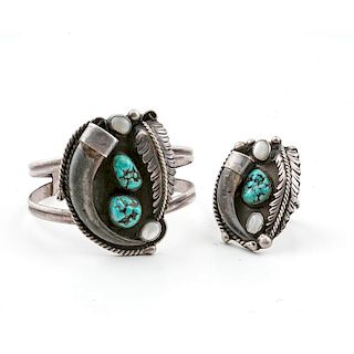 Navajo Silver, Turquoise, and Claw Bracelet and Ring