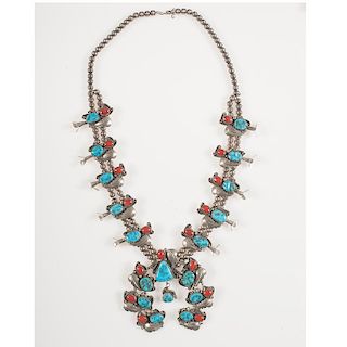 Zuni Turquoise and Coral Squash Blossom Necklace