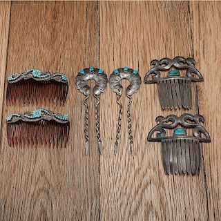 Navajo and Zuni Silver and Turquoise Hair Combs