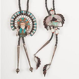 Zuni Inlaid Bolos with Carved Stones and Facial Features