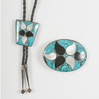 Navajo Silver, Turquoise, and Shell  Bolo and Buckle