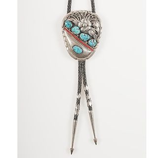 Navajo Silver and Turquoise Bolo with Smithing Flourishes
