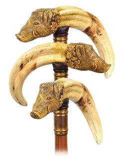 Warthog Tooth and Boxwood Figural Cane
