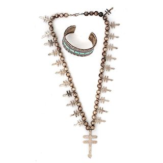 Pueblo Silver Cross Necklace and Navajo Silver and Turquoise Bracelet