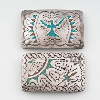 Navajo Turquoise and Coral Chip Inlay Buckles