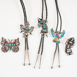 Zuni Signed Inlaid Bolos with Vivid Turquoise