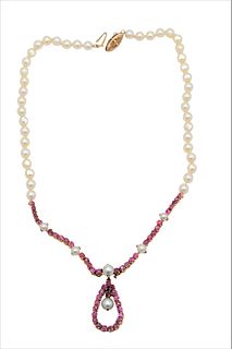 14 Karat Gold, Pearl and Pink Sapphire Necklace