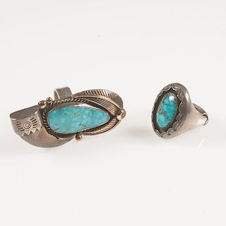 Navajo Silver and Turquoise Rings, One with Claw