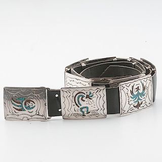 Zuni Turquoise and Coral Chip Inlay Concha Belt