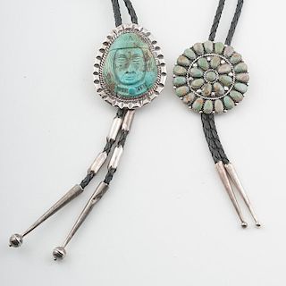 Navajo Silver and Turquoise Bolos: Carved Face and Cluster