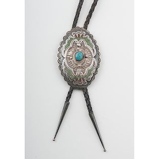 Navajo Crushed Turquoise and Coral Inlay Bolo with Peyote Birds