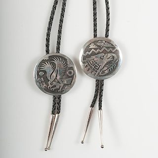 Hopi Silver Overlay Bolos with Eagles in Flight