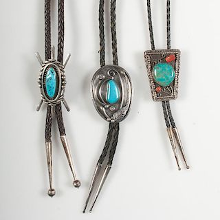 Navajo Silver and Turquoise Bolos with Lovely Stones