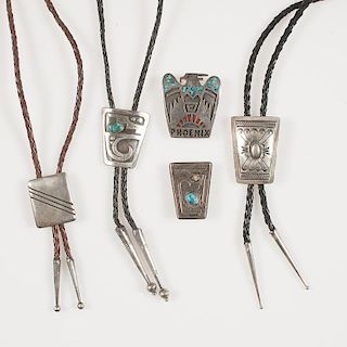 Navajo Silver and Turquoise Bolos, One with White Hogan Mark