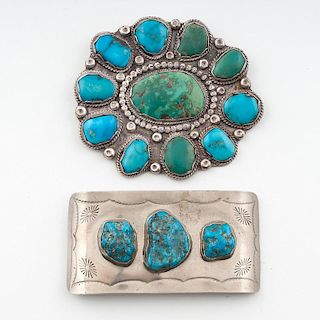 Navajo Silver and Turquoise Cluster Pin and Buckle