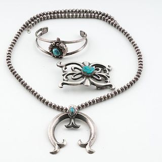 Navajo Silver and Turquoise Necklace, Buckle, And Bracelet