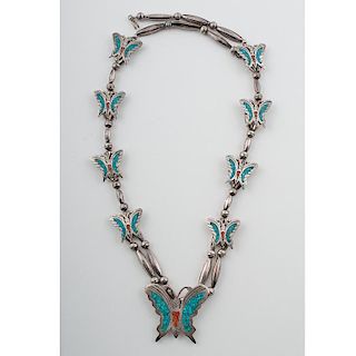 Zuni Chip Inlay Necklace with Butterflies