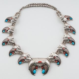 Navajo Sterling Turquoise, Coral, and Bear Claw Squash Blossom