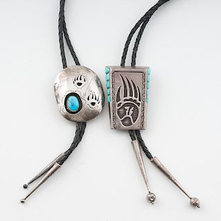 Navajo Silver and Turquoise Bolos with Bear Claw Motifs
