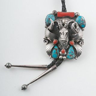 Navajo Silver and Turquoise Bolo with Big Horn Sheep Sculpture