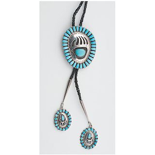 Navajo Turquoise Cluster Bolo with Silver Bear Claw Motif
